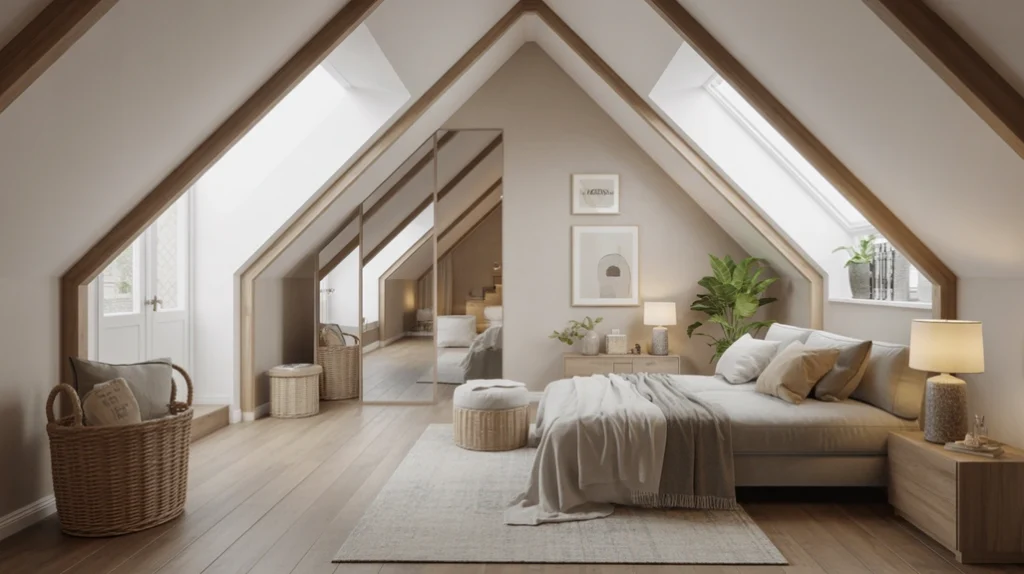 mirrors-to-amplify-space-attic-bedroom – attic bedroom ideas using mirrors to enhance natural light and create spacious look