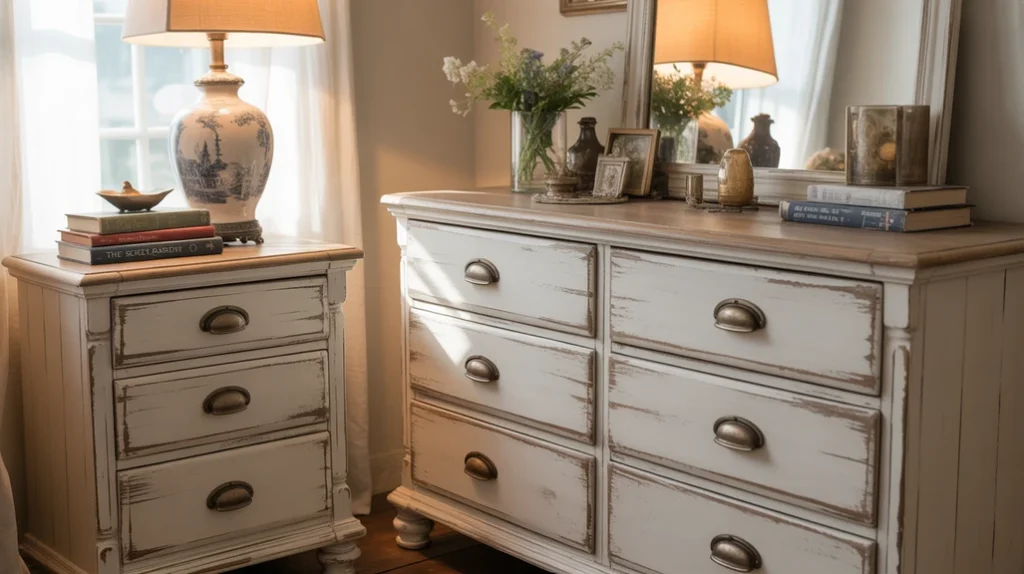 Rustic wood furniture and distressed dresser styled in a modern farmhouse bedroom.