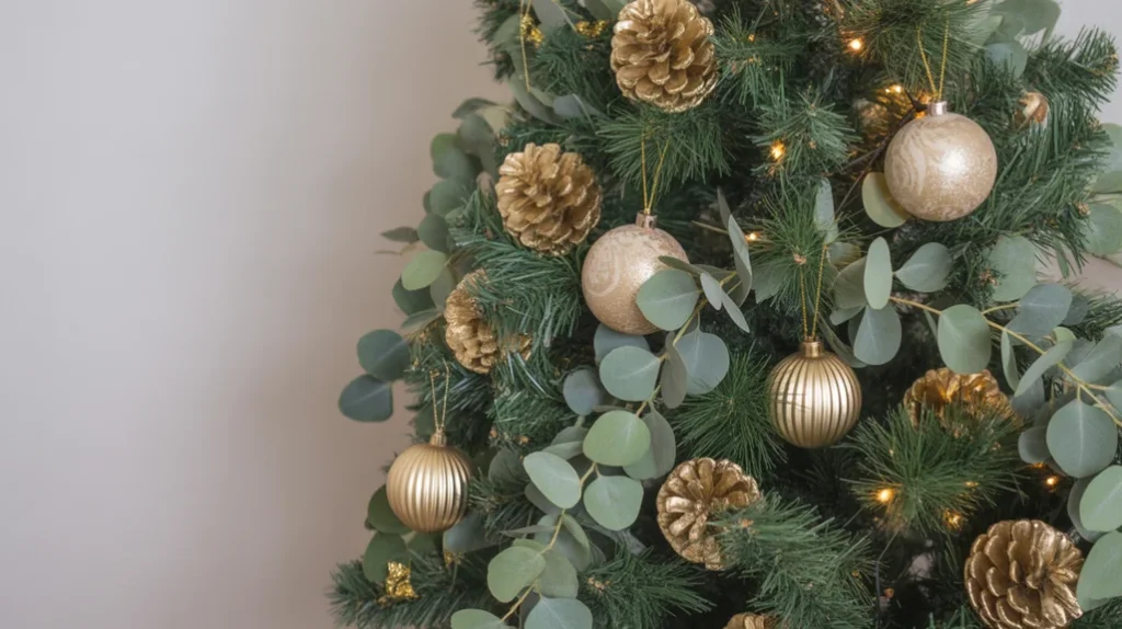 Pinecones, eucalyptus, and gold accents blending rustic and glam Christmas decor styles.