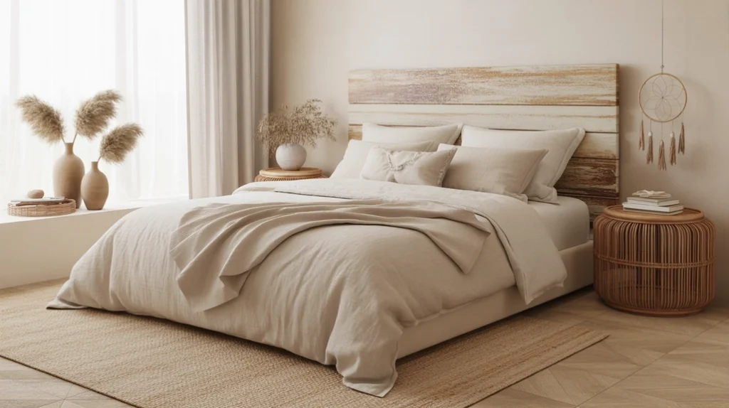 Bedroom featuring natural materials like a wooden headboard, rattan nightstand, and jute rug.