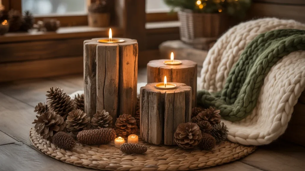 Wooden Christmas decor with jute rug, reclaimed wood candleholders, and rustic cozy cabin feel
