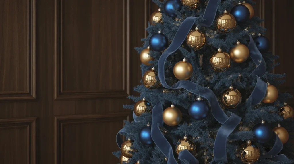 navy and gold christmas color scheme with deep velvet ribbons, golden ornaments, and rich modern holiday elegance.