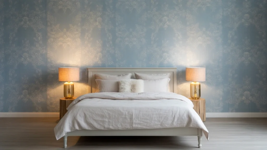 Patterned blue wallpaper behind white furniture creating texture and elegance in a stylish bedroom.