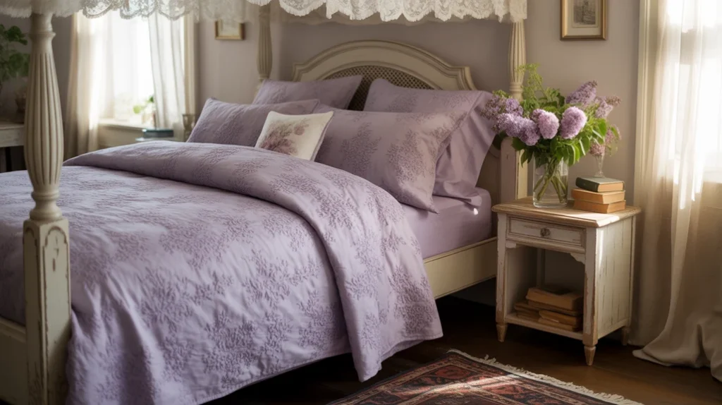Romantic cottage bedroom with floral lavender bedding and lilac accents — soft and feminine purple bedroom ideas.