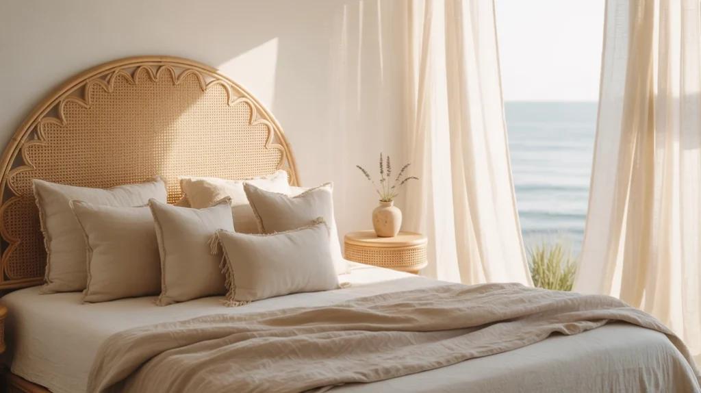 Rattan headboard and cane furniture adding airy charm to a boho coastal bedroom retreat.