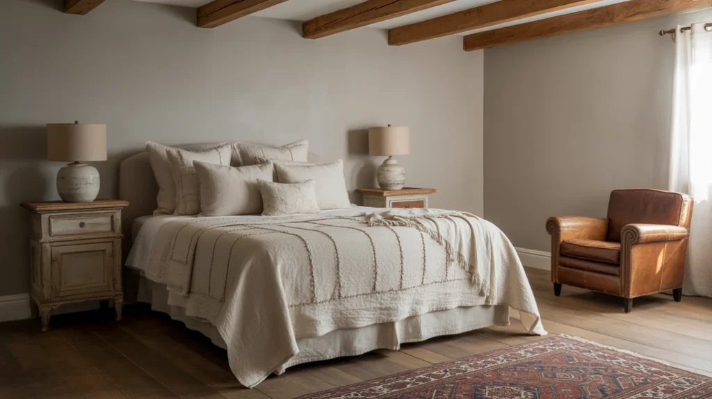 Rustic bedroom with exposed wooden ceiling beams and vintage furniture