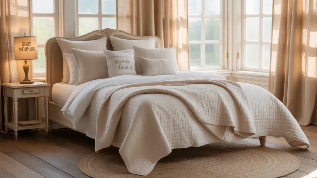 Rustic farmhouse bedroom décor with jute rug, burlap curtains, and textiles.