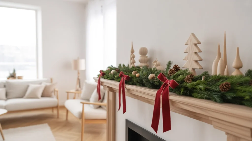 scandinavian christmas decor with minimal red accents, pine greenery, and natural wood for a soft nordic-inspired look.