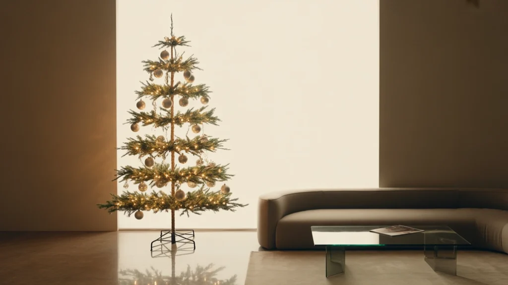 Sculptural Christmas tree in a modern living room with glass table and soft ambient lighting.