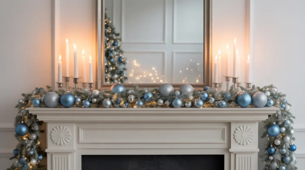 Fireplace mantel decorated with silver garland, blue ornaments, and glowing candles for a festive holiday setup.