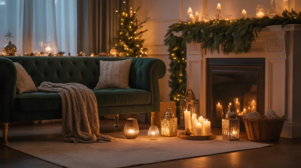 Soft ambient lighting with candles and string lights creating a warm Christmas living room atmosphere