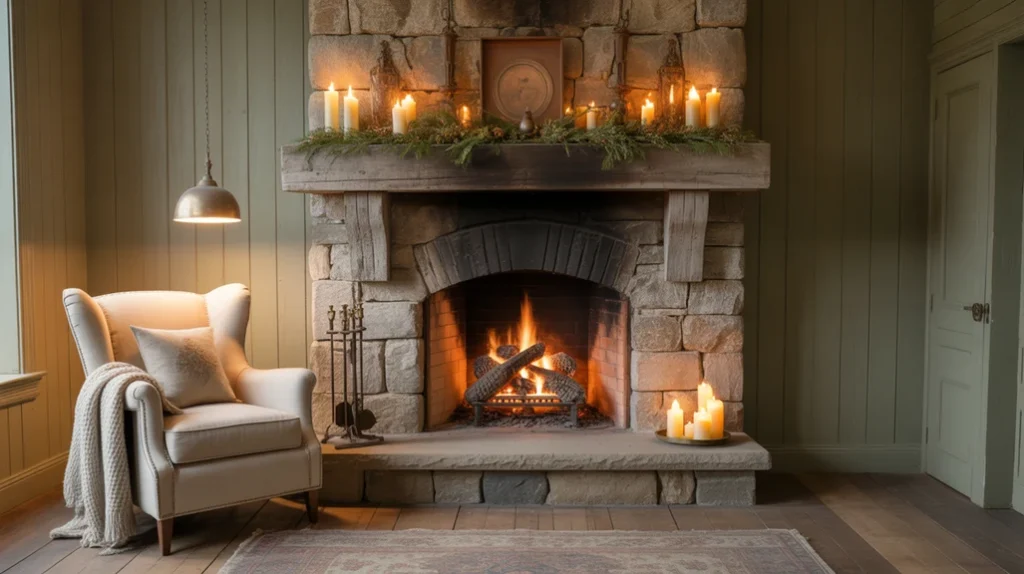 Stone fireplace with rustic mantel decor in a farmhouse living room