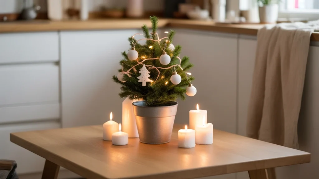 Small tabletop pine tree decorated with simple ornaments and candles in a cozy minimalist space.