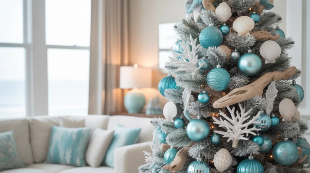 Turquoise and silver coastal Christmas theme with seashell ornaments and airy ocean-inspired holiday decor.