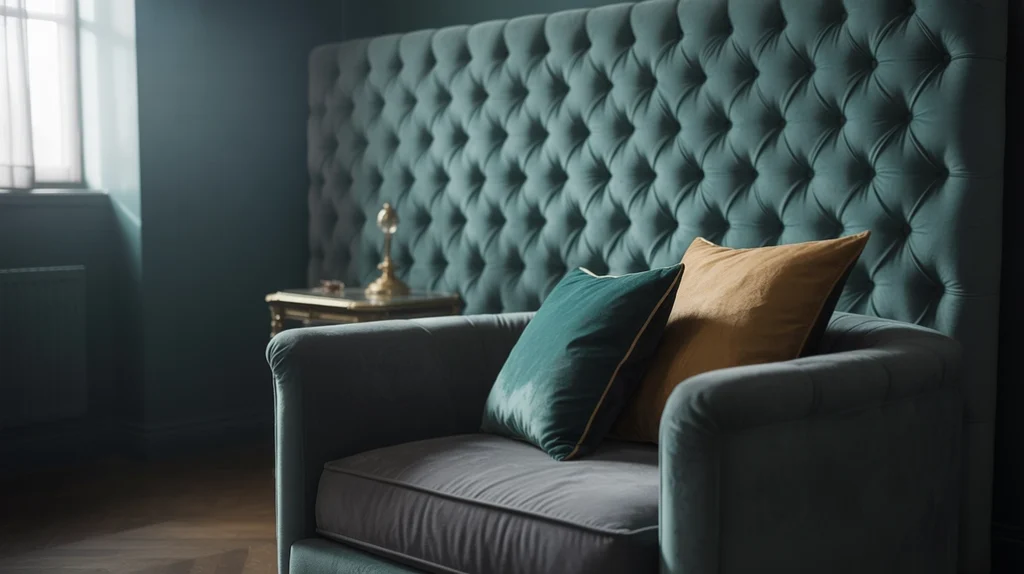 Moody bedroom with velvet and suede accents for cozy texture.