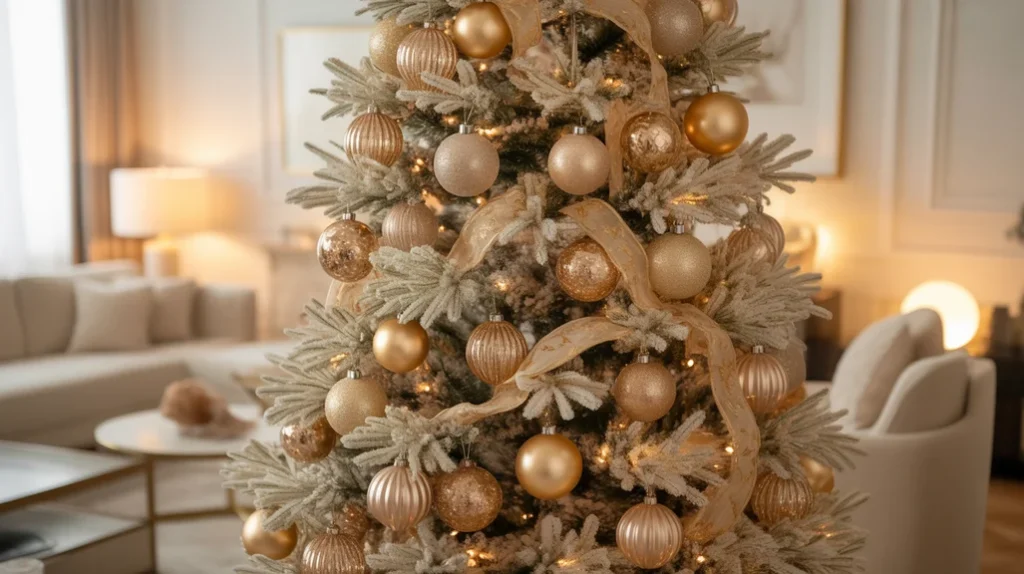 Neutral and white Christmas tree ideas featuring soft gold and champagne ornaments
