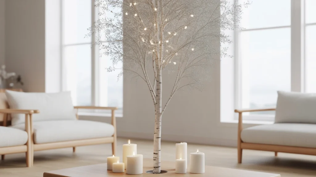 Minimal Scandinavian-inspired Christmas interior with white and silver decorations – winter wonderland color scheme.