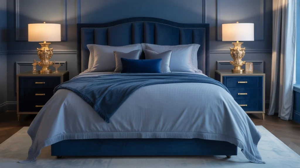 metallic-finishes-navy-bedroom-idea → Navy blue bedroom with gold and metallic accents