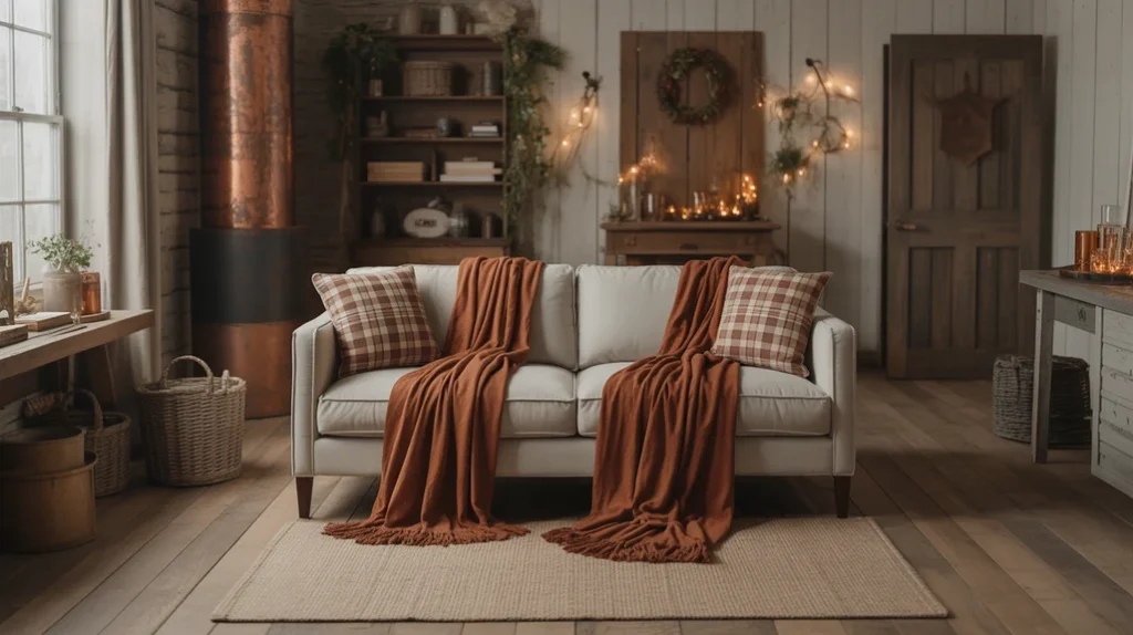 rustic interior with cinnamon brown and creamy oat tones, plaid textiles, and copper accents creating a cozy holiday setting.