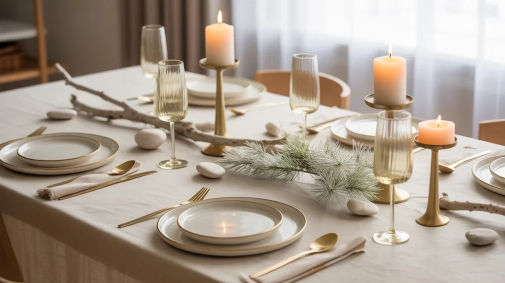 Elegant Scandinavian holiday table setting with cream linens, gold cutlery, and wooden accents for a warm Nordic Christmas.