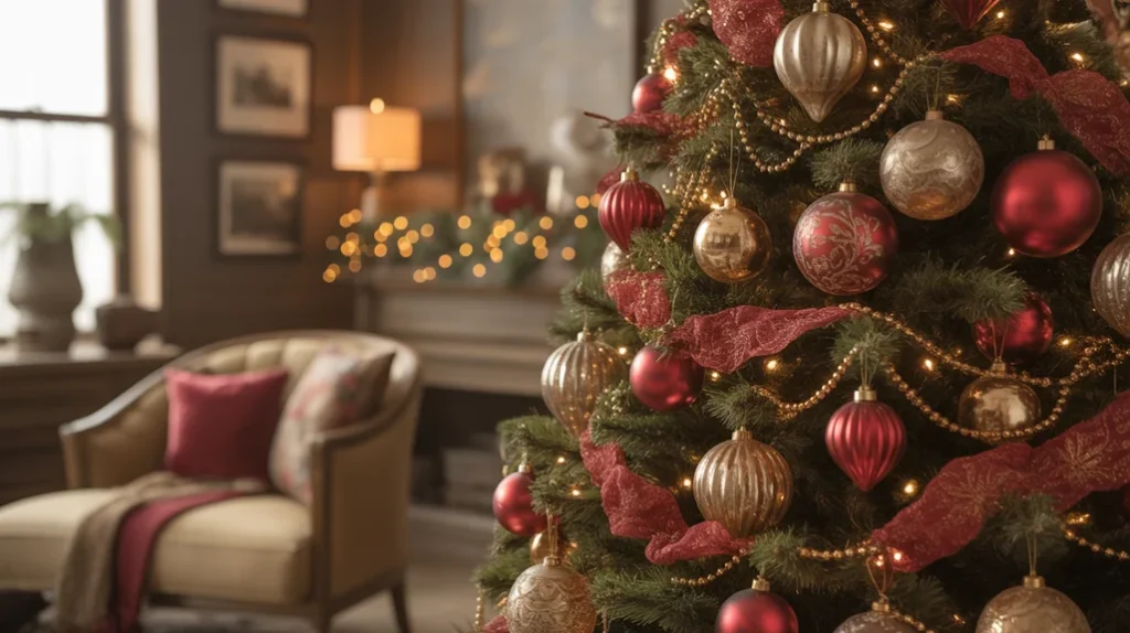 Deep crimson and burnished gold Christmas tree featuring vintage baubles, gold bead garlands, and amber fairy lights for nostalgic warmth.