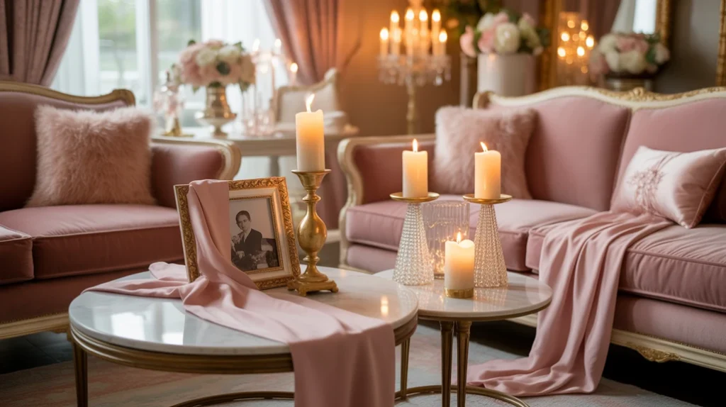 Elegant dusty-rose and champagne-gold modern Christmas palette for soft, romantic holiday styling.