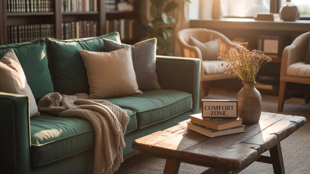 deep sofa and rustic furniture in an earthy living room