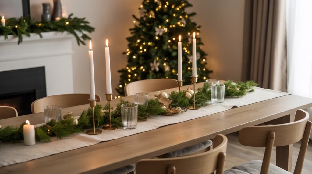 Moss-green garlands and matte-gold candleholders styled in a rustic Scandinavian-inspired holiday room.