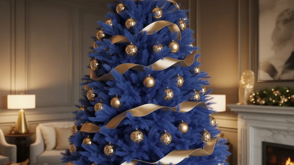 Royal blue and gold with silver highlights Christmas tree featuring champagne ribbon, metallic ornaments, and brushed-gold accents.