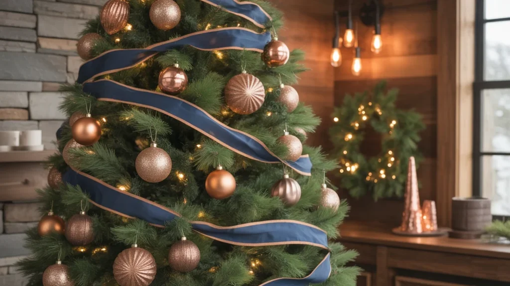 Rustic blue and bronze Christmas decor featuring copper ornaments, wooden beads, and cozy farmhouse charm.