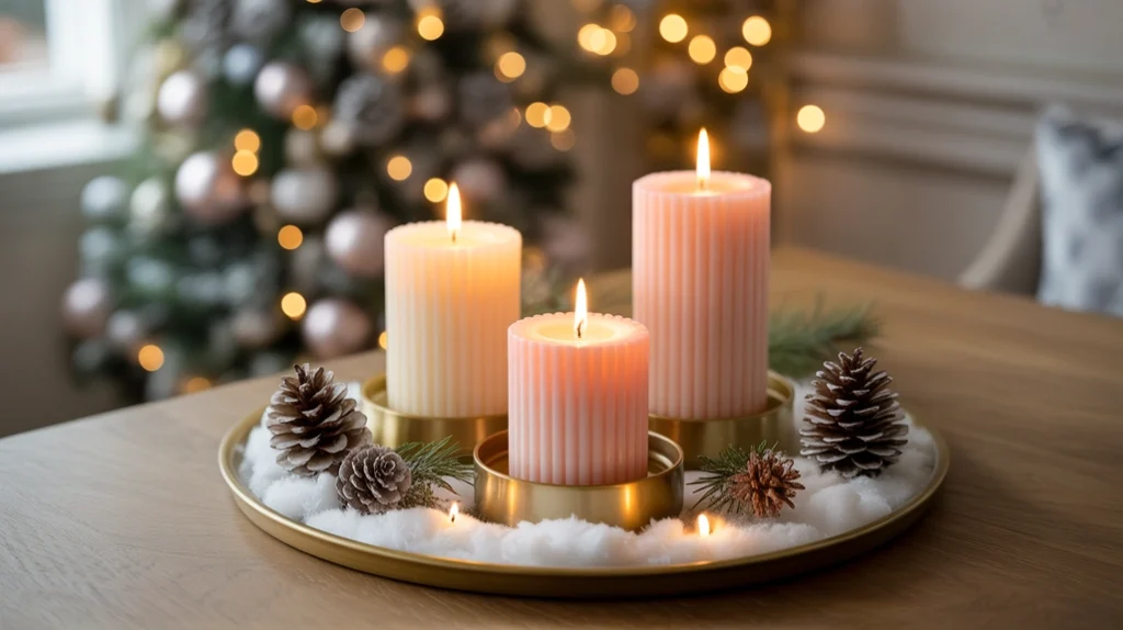 Candlelight Christmas display with ivory and blush candles surrounded by pinecones and glittered accents.