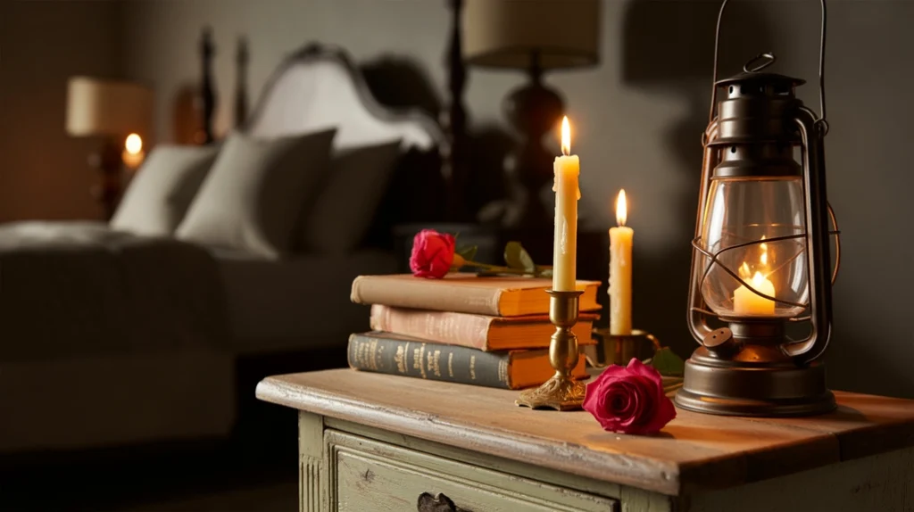 Cozy moody bedroom with candles and lanterns creating soft glow.