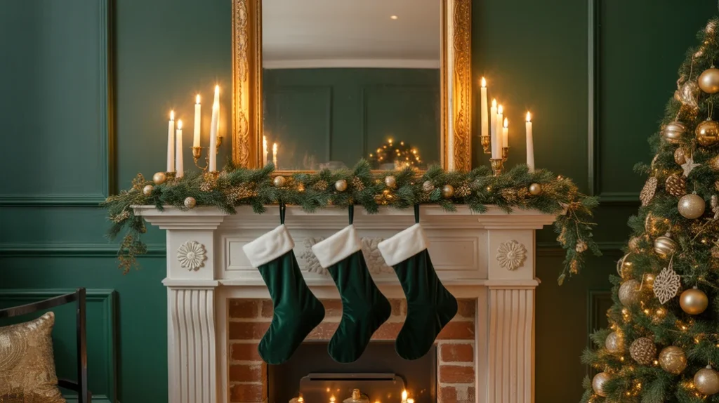 Dark emerald and gold holiday decor showcasing antique gold accents and velvet stockings for a glamorous moody Christmas vibe.