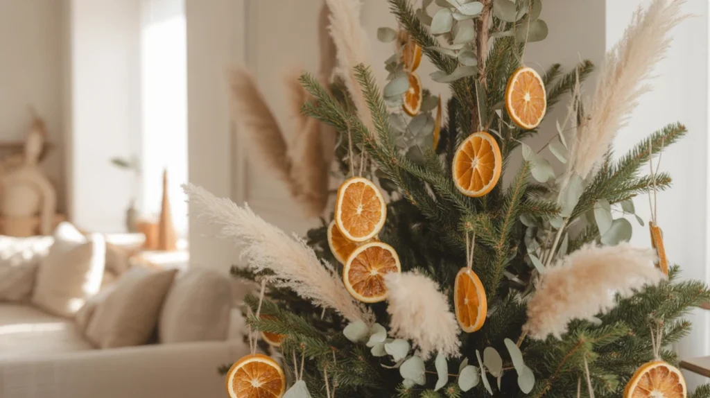 Boho neutral Christmas tree with dried orange slices, pampas grass, and eucalyptus accents.