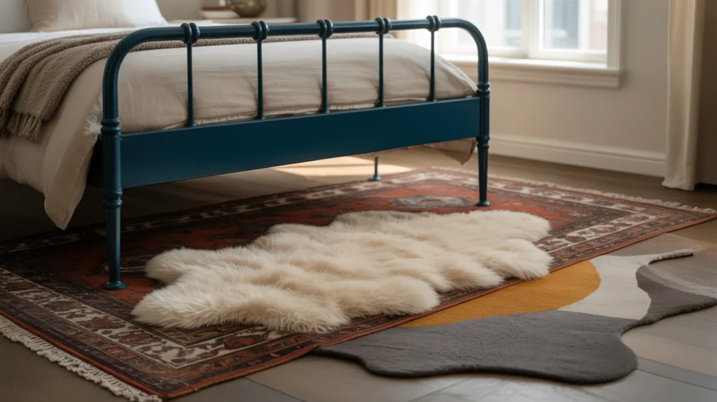 Maximalist bedroom with eclectic mix of modern and vintage furniture.