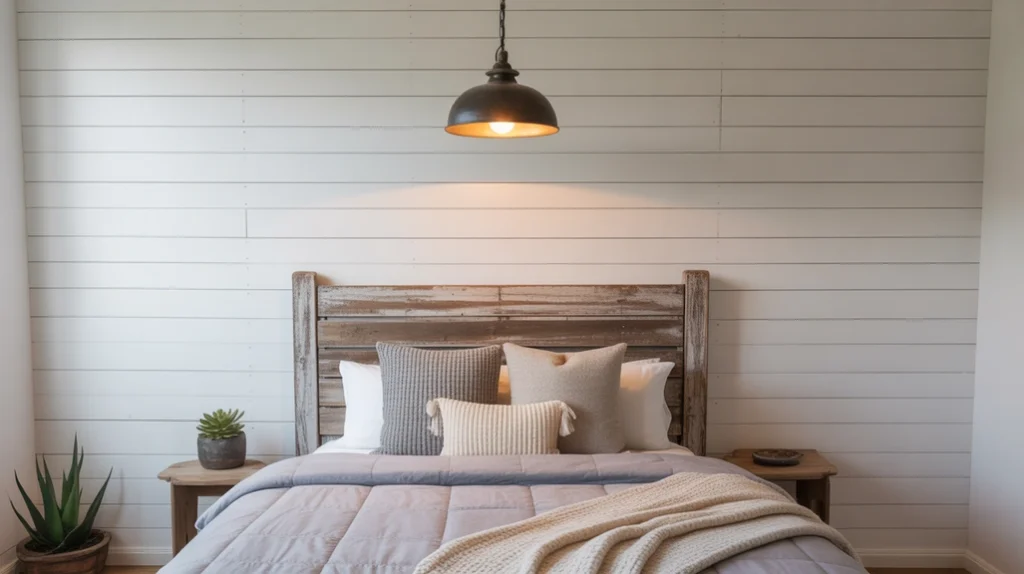 Farmhouse bedroom with white shiplap wall and rustic wooden furniture.