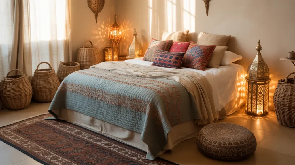 Global-inspired eclectic bedroom design ideas with Moroccan lanterns, Indian prints, and woven decor.