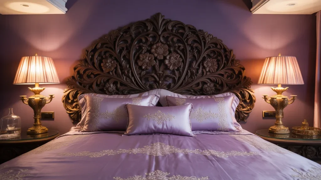 Gold lamps and brass mirrors highlight the elegance and warmth in modern purple bedroom ideas.