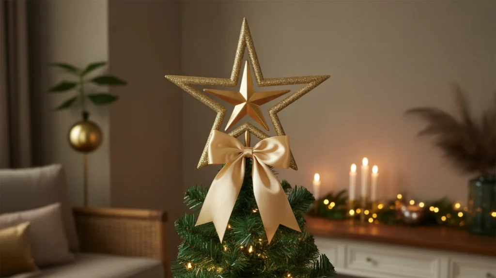 Gold star and satin bow tree topper completing a classic green and gold holiday tree