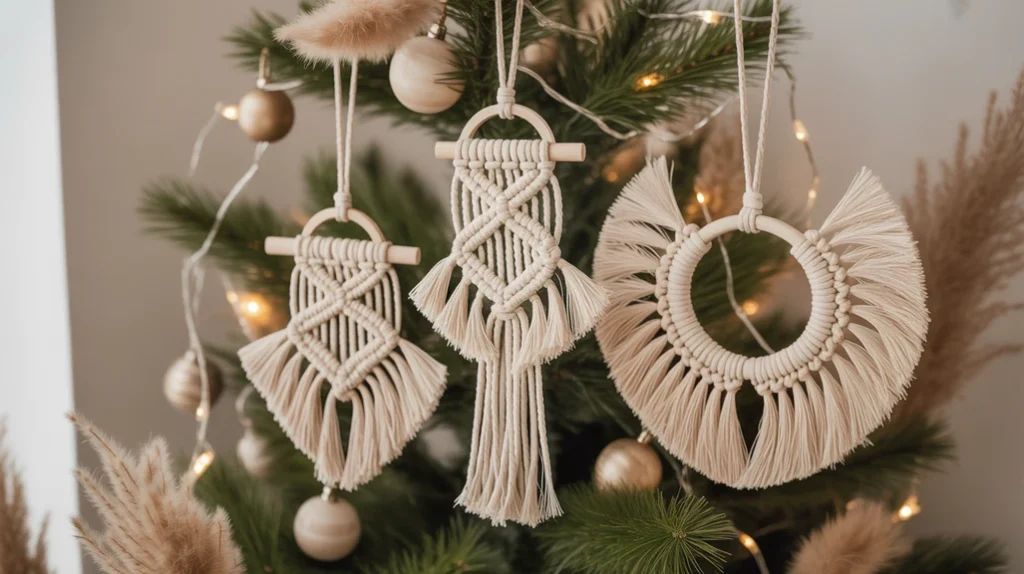 “macrame Christmas ornaments made with cotton cord and wooden rings”