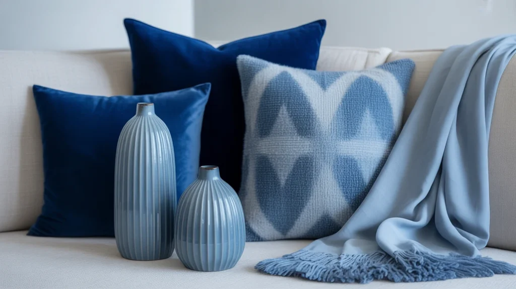 Living room decorated in mixed shades of navy, icy, and sky blue with silver details for a layered holiday look.