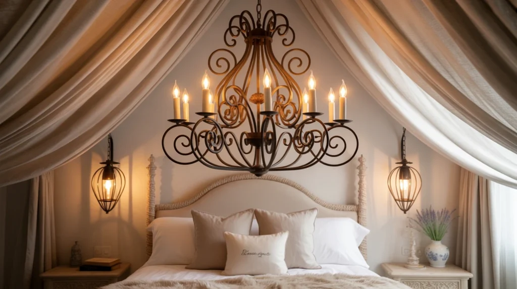 Industrial chandelier and lantern sconces adding warmth in modern farmhouse bedroom décor.