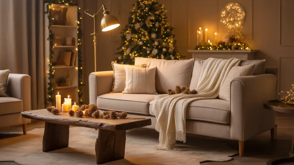 Cozy modern Christmas living room illuminated with layered lighting and soft festive glow.