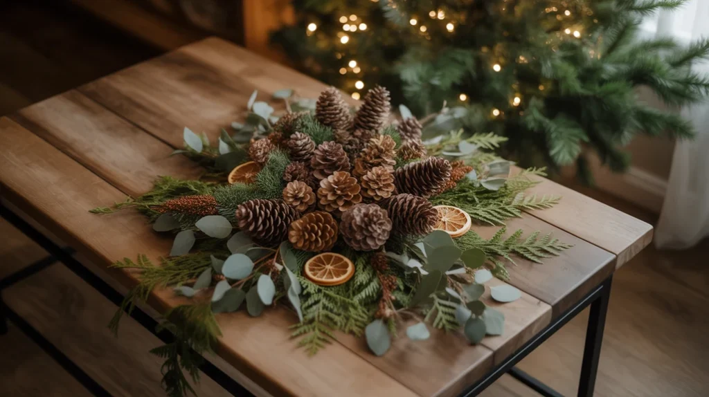 Pinecones, oranges, and cedar branches used as natural elements in Christmas living room decor