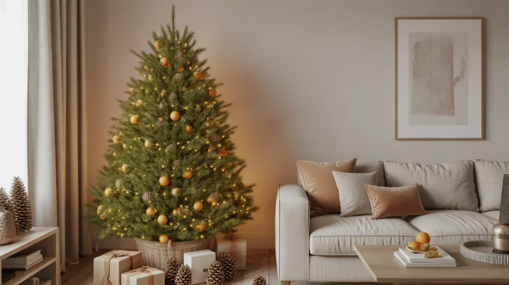 Natural pine Christmas tree decorated with dried oranges and wooden ornaments — rustic minimalist idea.