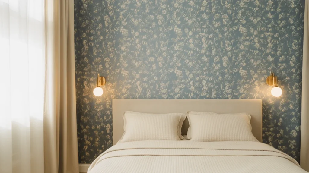 Blue patterned wallpaper adding charm to a classic blue and cream bedroom.