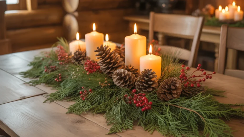 Pinecone and greenery Christmas table centerpiece with candles for rustic cabin holiday look