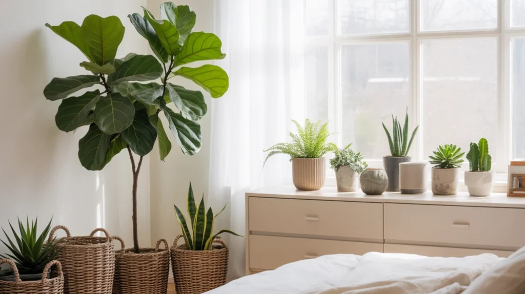 Bedroom decor with indoor plants in woven baskets and terracotta pots.