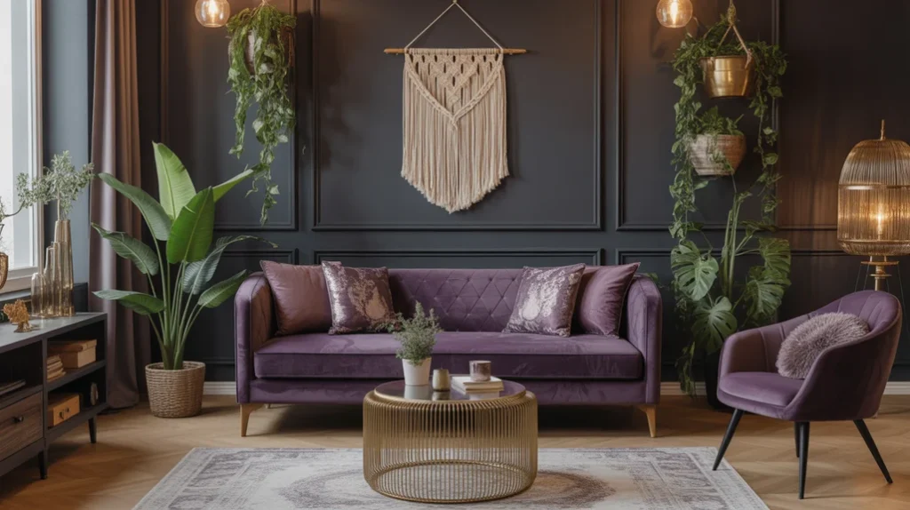 Purple velvet sofa with gold accents in a luxurious dark bohemian living room