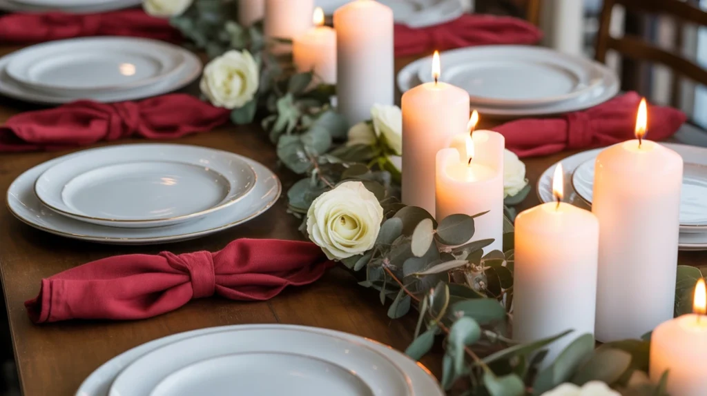 red and white christmas dining table with elegant napkins, white candles, and greenery centerpiece for festive dinner parties.